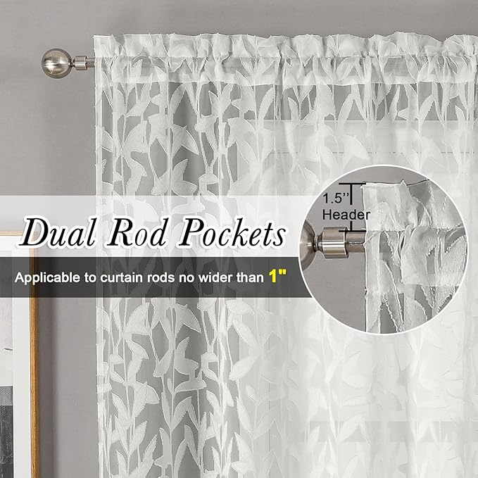 Lecloud Leia Ivory Sheer Curtains 108 Inches Long 2 Panels, Airy Jacquard Leaf Textured Voile Curtains, Gauzy Aesthetic Drapes with Dual Rod Pockets for Living Room Bedroom, Each 52" W x 108" L