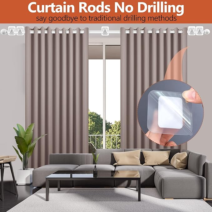 Curtain Rods No Drilling for Windows,5/8 Inch Diameter Drapey Pole with No Drill Curtain Rod Brackets (2PCS White, 66 to 120")
