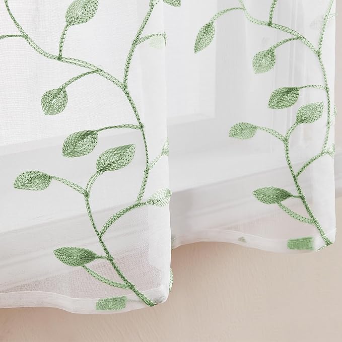 MRTREES Sheer Voile Curtain Valances 2 Panels, Sage Green Leaves Embroidered Valance Curtains 54x16 Inches, Rod Pocket Small Sheer Window Valance for Bedroom/Living Room/Kitchen(Greyish Green Leaves)