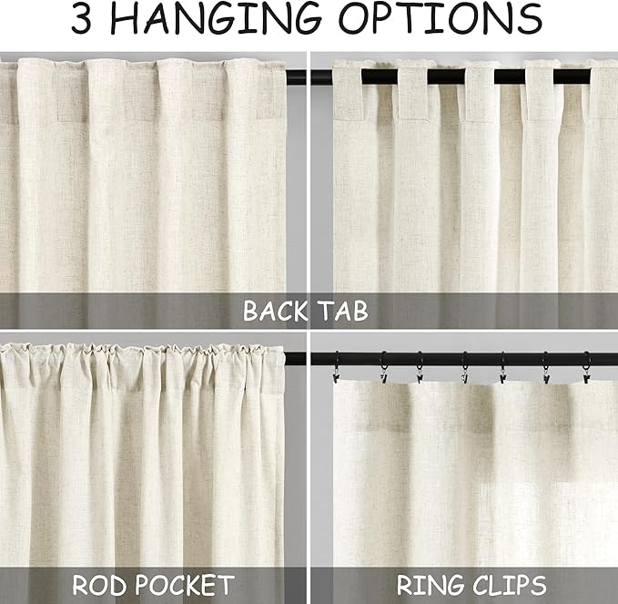 Nanspring Warm Beige Linen Curtains 108 Inches Long for Living Room Bedroom 2 Panels Set Extra Long Back Tab Curtain Light Filtering Sheer Drapes Floor to Ceiling Curtain for Large Windows 52x108