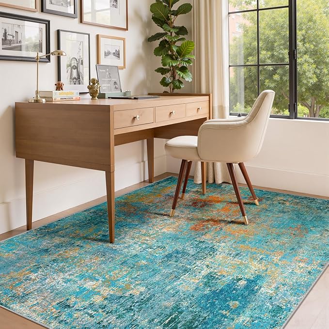 Washable Area Rugs 4'x6' Non-Slip Modern Abstract Soft for Living Room Entryway Bedroom Nursery, Print Pattern, Teal Blue Green Orange Rust Red Coloreful