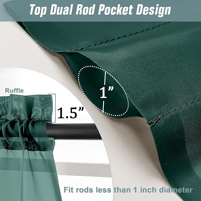 Green Sheer Curtains for Window 96 Inches Long 2 Panels, Soft Airy Voile Sheer Curtains for Living Room Bedroom, Dual Rod Pocket Elegant Window Drapes, Hunter Green, 2x42Wx96L Inches