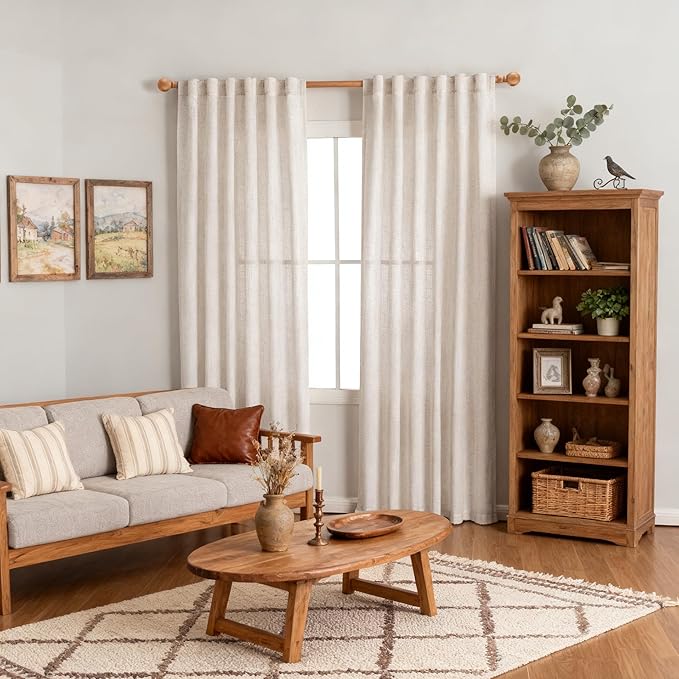 MYSKY HOME 90 Inches Long Curtains for Living Room, Semi Sheer Curtains & Drapes 2 Panels Set Natural Linen Curtain Farmhouse Country Style Back Tab Draperies for Sliding Glass Door, 50" Wide