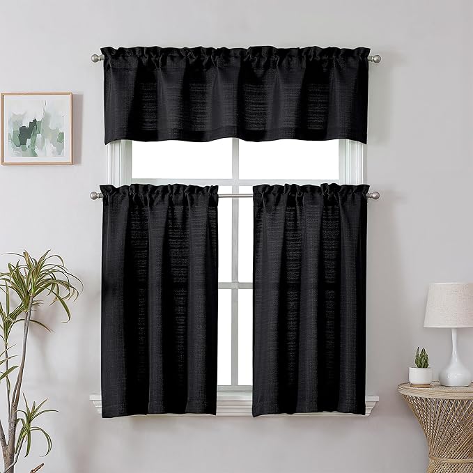 Chyhomenyc Black Short Curtain Valance for Windows, Faux Linen Textured Half Window Curtains, Burlap Solid Topper Small Curtain Valance for Bathroom Laundry Basement, 60Wx18L Inch, 1 Piece