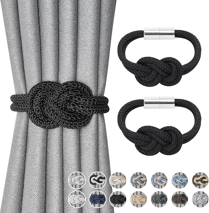 NICEEC 2 Pack Mini Magnetic Curtain Tiebacks Nordic Simple Style Drape Tie Backs Elegant Hand Weave Rope Knot Decorative Curtain Holdbacks for Home & Office Thin Window Drapery (Black)