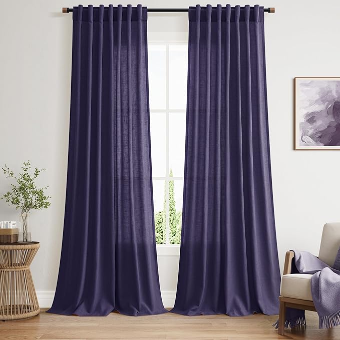 Nanspring Purple Linen Blend Light Filtering Back Tab Curtains 108 Inches Long, Semi Sheer Privacy Drapes for Living Room & Bedroom, 52x108 inch, 2 Panels