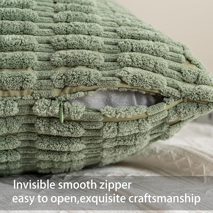 Pack of 2 Christmas Green Corduroy Decorative Throw Pillow Covers 18x18 InchSoft Boho Striped Pillow Covers Modern Farmhouse Home Decor for Sofa Living Room Couch Bed（Blackish Green）