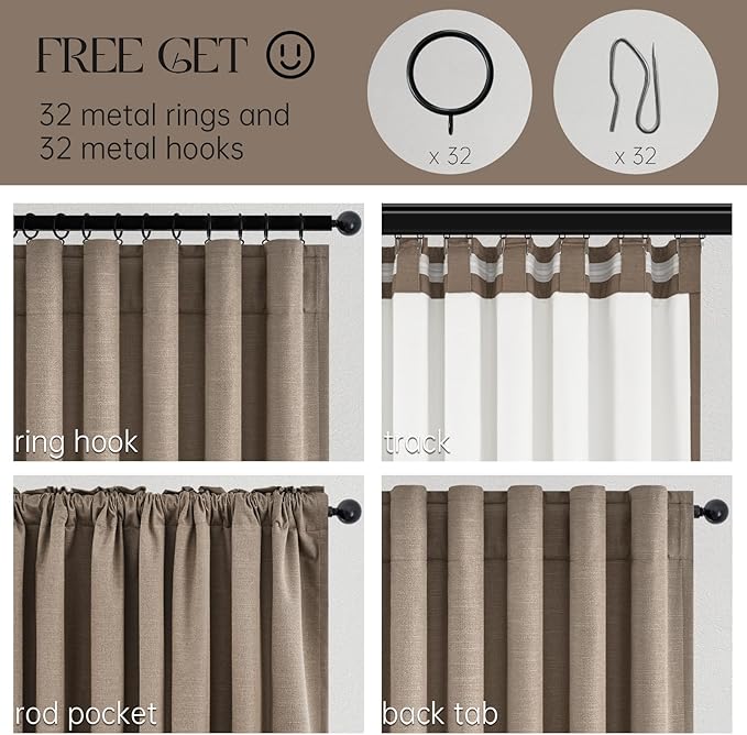 Topfinel 90 inch Long Linen Blackout Curtains 2 Panels for Bedroom Living Room 100% Black Out Linen Texture Curtain Elegant Farmhouse Window Drapes with Back Tab Rod Pocket Room Darkening Drape Taupe