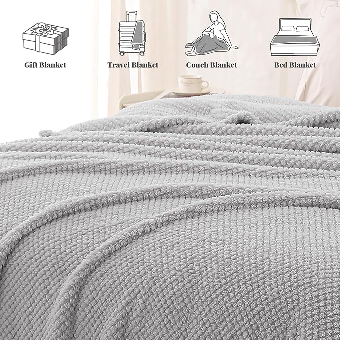 Whale Flotilla Extra Large Fuzzy Fleece Throw Blanket for Couch, 50x70 Inch Fluffy Warm Soft Jacquard Blankets for All Season, Lightweight and Cozy, Light Grey
