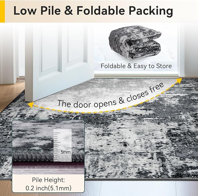 Washable Area Rugs 3x9 Non-Slip Modern Abstract Soft for Living Room Entryway Bedroom Nursery, Print Pattern, Black Navy Blue Gray