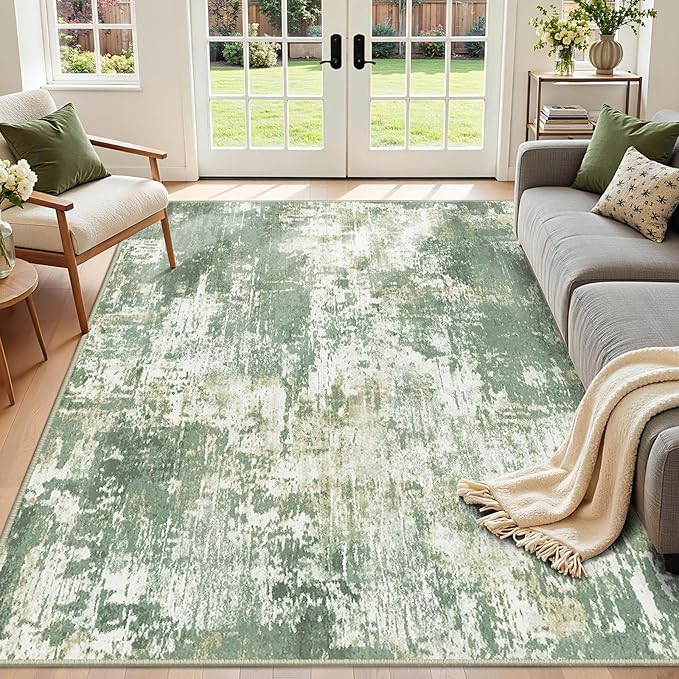 Washable Area Rugs 7'x9' Non-Slip Modern Abstract Soft for Living Room Entryway Bedroom Nursery, Print Pattern, Light Green/Yellow