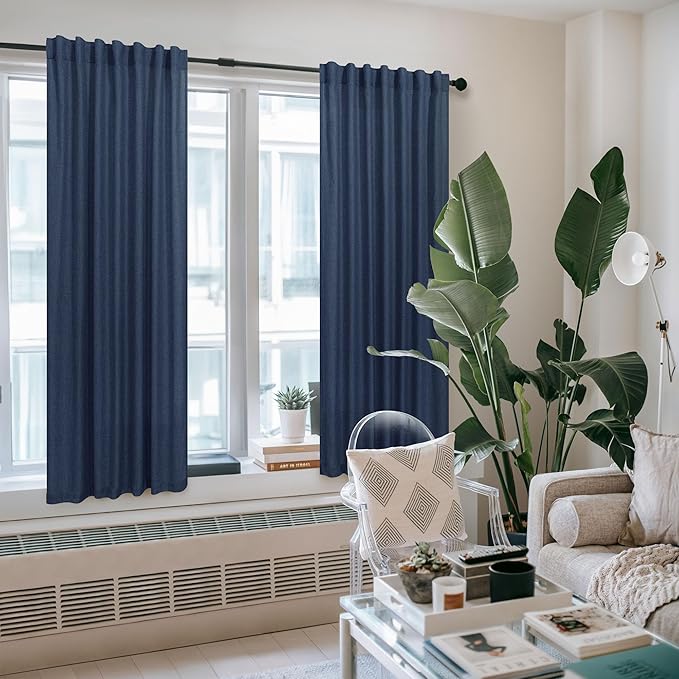 Navy Blue Curtains 63 Inch Length for Boys Room 2 Panel Back Tab Pocket Linen Semi Sheer Woven Textured Indigo Dark Blue Curtain for Kids Bedroom Nursery Game Playroom Nautical Farmhouse 52x63 Long