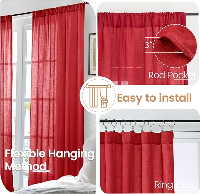 BGment Red Kitchen Curtains 36 Inch Length, Short Semi Sheer Drapes Lightweight Textured Rod Pocket for Bathroom Cafe Windows Over Sink, 2 Panels Set, Each 42 Inch Wide
