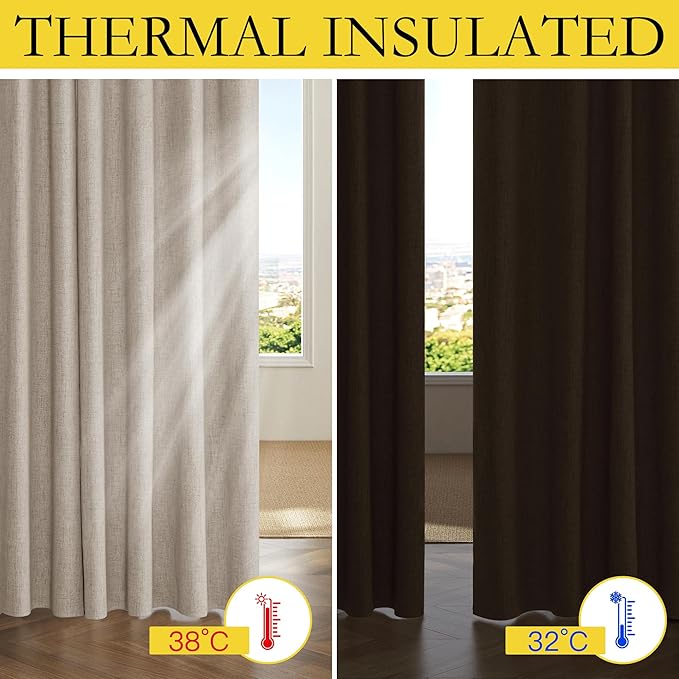 NICETOWN Oatmeal Vintage Open Linen Weave Flax Thermal Curtains, 100% Blackout Curtains 72" Long for Dining Room, Soundproof Window Treatment Drapes for Laundry Room, 62" Wide Per Panel, Set of 2