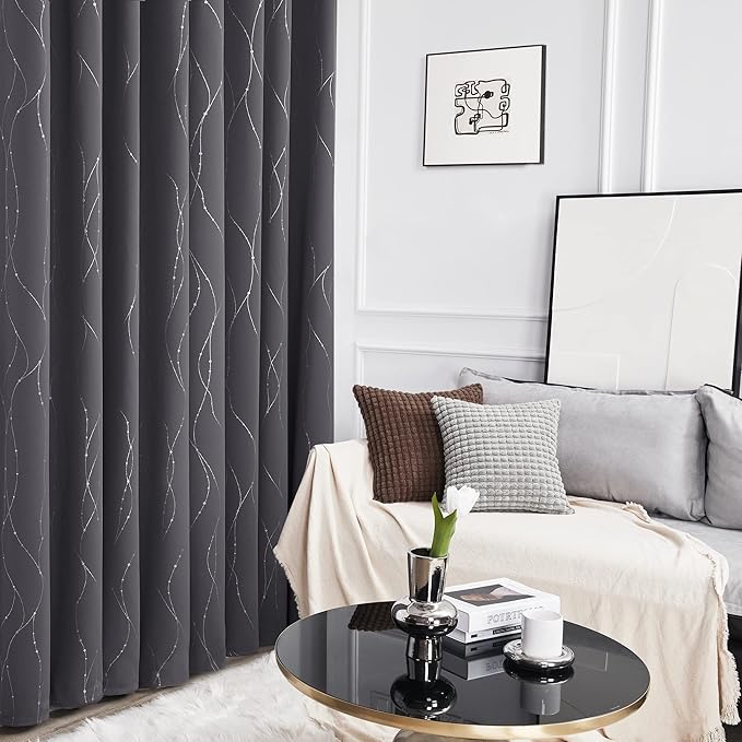 Deconovo Grey Blackout Curtains for Bedroom, Thermal Insulated Soundproof Drapes, Wave Dots Foil Print, 52 x63 Inches Long, 2 Panels, Machine‑Washable Privacy Window Panel for Living Room Apartment