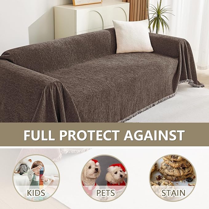 MYSKY HOME Loveseat Cover Deep Chocolate Couch Cover Sectional Couch Covers for 2 Cushion Couch Sofa Thick Universal Chenille Sofa Cover with Tassel Durable Furniture Protector for Dogs 91" x 118"