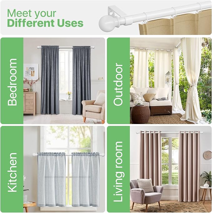 White Curtain Rods for Windows 28 to 60 inch, Adjustable Curtain Rod Set with Brackets Easy Install, Decorative Slender 5/8 Diameter Drapery Rod, Heavy Duty Drape Pole for Living Room, Bedroom
