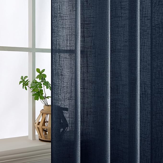 MIULEE Navy Blue Linen Curtains 96 Inch Length 2 Panels for Bedroom Living Room, Soft Thick Linen Textured Natural Window Drapes Semi Sheer Light Filtering Back Tab Rod Pocket Burlap Look Decor