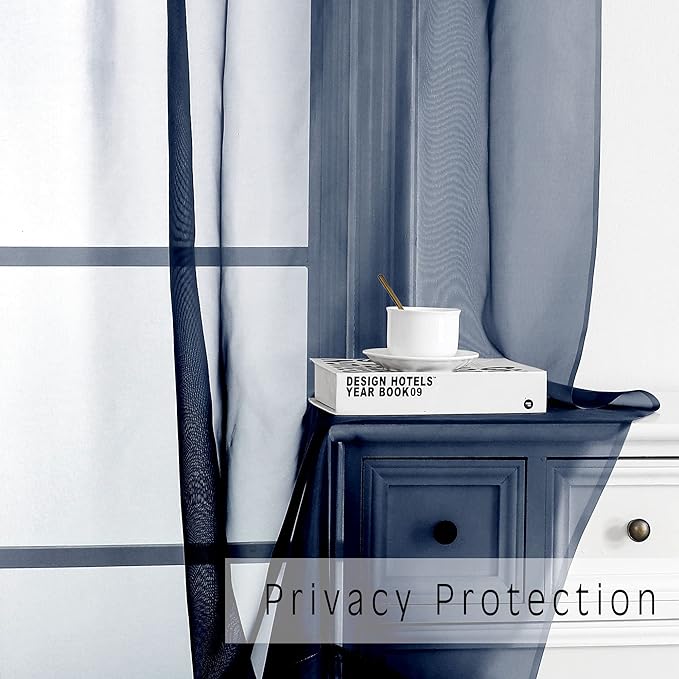 OVZME Sheer Curtains 45 inches Long for Kitchen Curtains, Rod Pocket Clean Selvedge Voile Window Treatments, 2 Panels=84 Inches Width, Navy Blue.