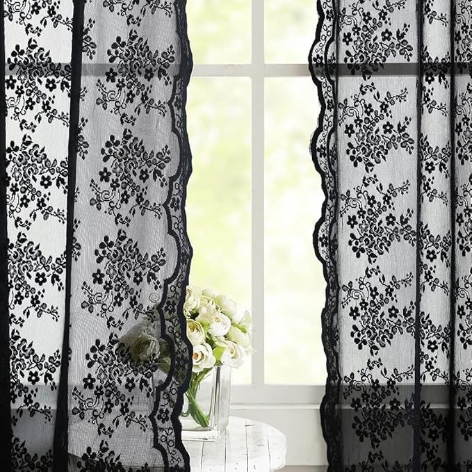 YJ YANJUN Vintage Lace Curtains 54 inch Length Victorian Floral Pattern Goth Halloween Short Black Sheer Curtain Panels for Bathroom Kitchen Window Coffin/Witchy/Gothic Home Decor W52 x L54 Inch