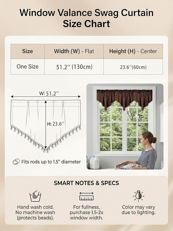 Molaxhome Swag Curtain 51 inch Length Rod Pocket Scalloped Curtain Valance Sheer Lace Panels with Hanging Crystal Beads for Kitchen Bedroom Window Treatments Drape Decor 1pc (Cloth Coffee, 51Wx23L)