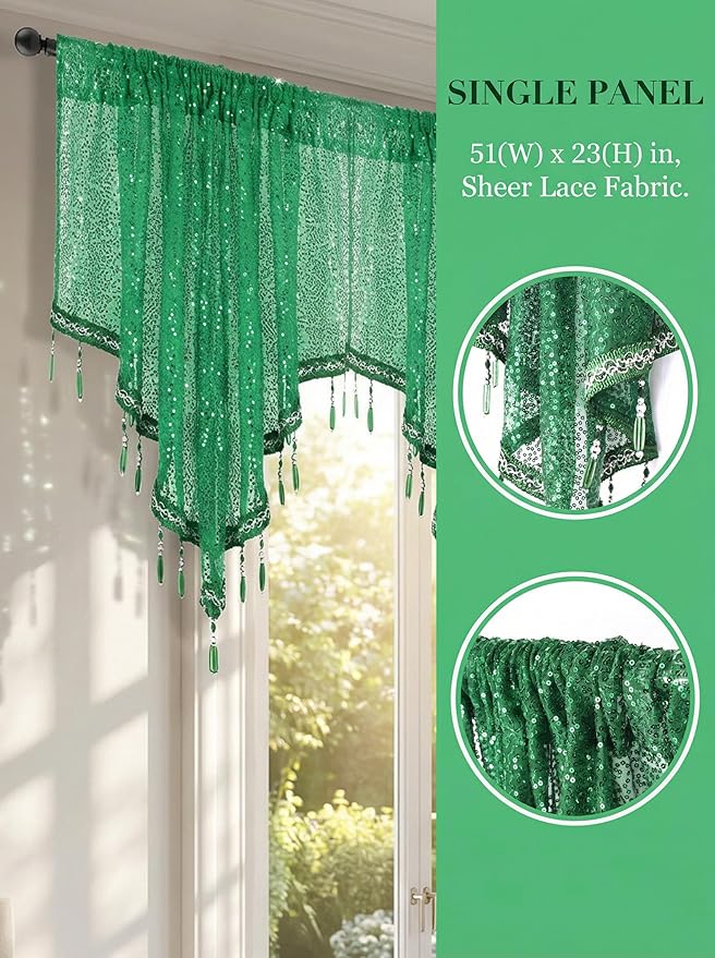 Molaxhome Swag Curtain 51 inch Length Rod Pocket Scalloped Curtain Valance Sheer Lace Panels with Hanging Crystal Beads for Kitchen Bedroom Window Treatments Drape Decor 1pc (Sequin Green, 51Wx23L)