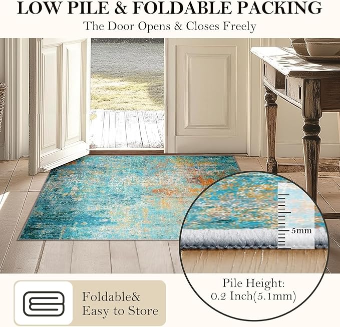 Washable Area Rugs 4'x6' Non-Slip Modern Abstract Soft for Living Room Entryway Bedroom Nursery, Print Pattern, Teal Blue Green Orange Rust Red Coloreful