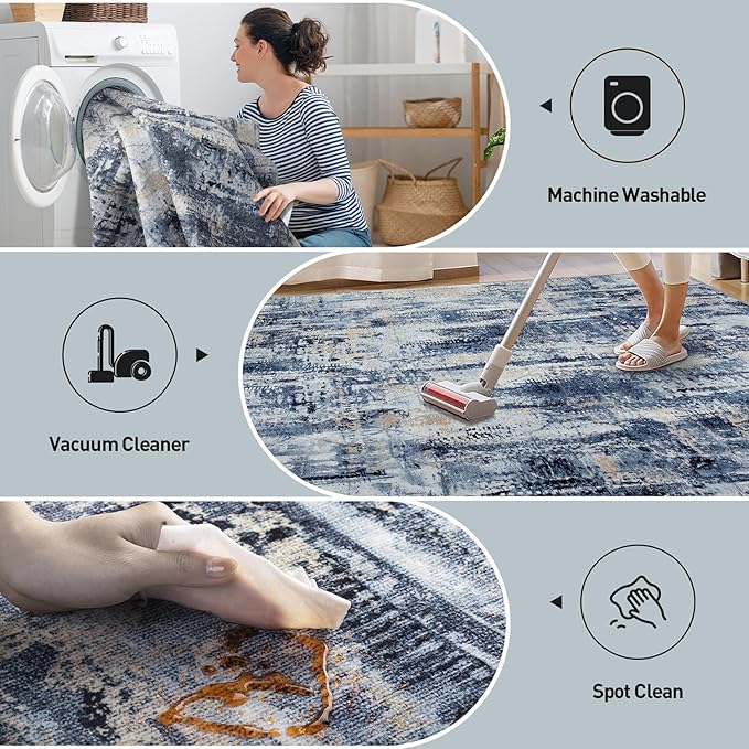 9x12 Area Rugs Washable Rug: Modern Abstract Living Room Rug Soft Anti-Skid Thin Carpet Indoor Floor Non-Shedding Carpets for Bedroom Dining Room Farmhouse Nursery Home Office Blue Gold