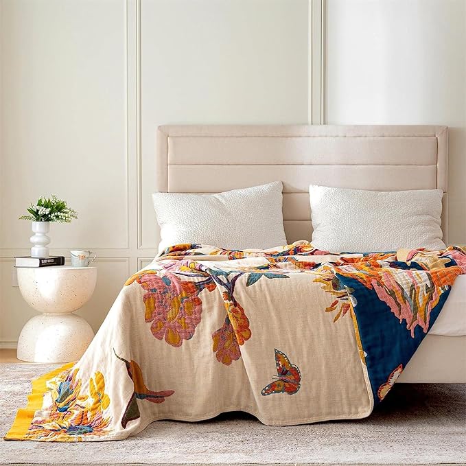 MSGKV 100% Cotton Throw Blanket for Bed Couch Fall 90''x 98'' Super Soft Muslin Blankets Warm Boho Quilt Lightweight Farmhouse Decorative Bed Blankets