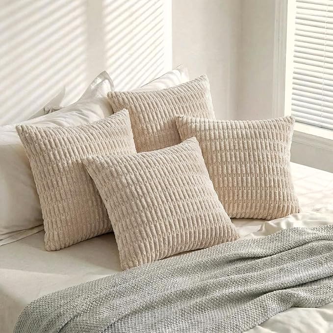 Fancy Homi 4 Packs Beige Decorative Throw Pillow Covers 20x20 Inch for Living Room Couch Bed Sofa, Tan Rustic Farmhouse Boho Home Decor, Soft Plush Striped Corduroy Square Cushion Case 50x50 cm