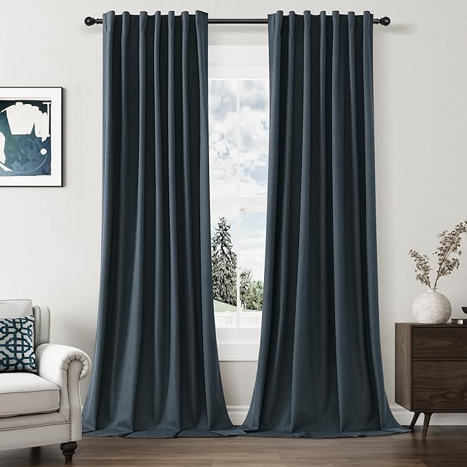 Guken 100% Blackout Linen Curtains 96 Inch Length 2 Panels Set for Living Room Bedroom Back Tab Thermal Insulated Black Out Linen Drapes Room Darkening Window Curtains,Vintage Blue