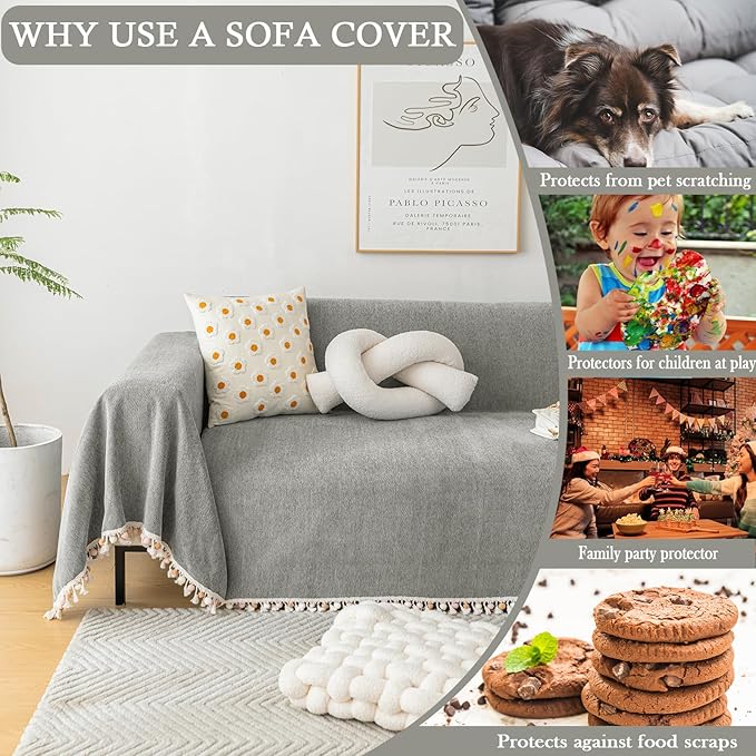 HANDONTIME Couch Slipcovers for Sofas Dark Grey Couch Cover Sofa Cover for Dogs Boho Pet Couch Protector with Tassel Chenille Herringbone Couch Cover for 2 3 Seat Washable Pet Friendly, 91" X134"