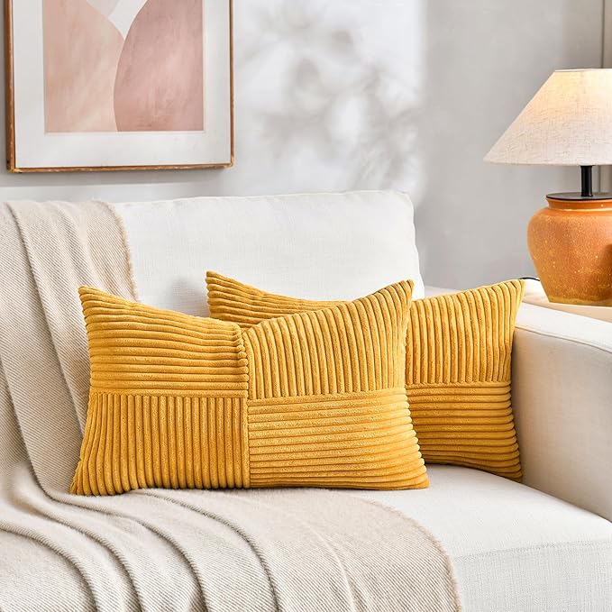 Fancy Homi 2 Packs Gold Yellow Lumbar Decorative Throw Pillow Covers 20x28 Inch for Couch Bed Sofa, Rustic Farmhouse Boho Spring Home Decor, Soft Striped Corduroy Rectangle Accent Cushion Case 50x70cm