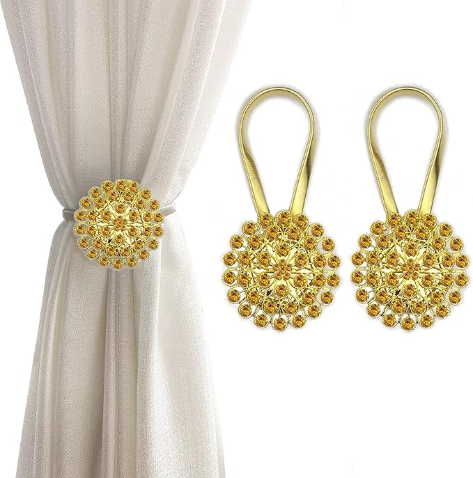 Magnetic Tiebacks for Curtains, 2 Pack Sparkling Crystal Flower Curtain Tiebacks Curtain Buckle Clips with High-Elastic Spring Wire for Home Office Decoration (Yellow & Yellow)