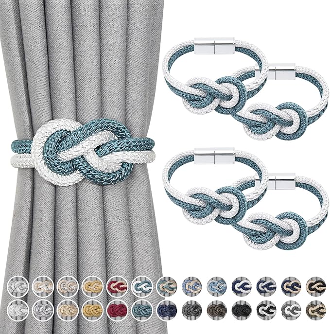 NICEEC 4 Pack Mini Magnetic Curtain Tiebacks Nordic Simple Style Drape Tie Backs Elegant Hand Weave Rope Knot Decorative Curtain Holdbacks for Home & Office Thin Window Drapery (Teal & White)