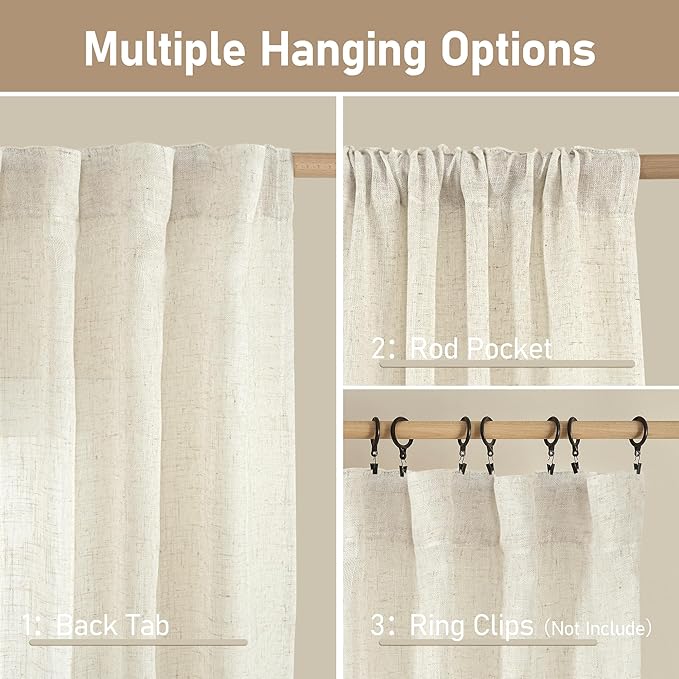 LAMIT Semi Sheer Linen Window Curtains 63 Inch Length, Light Filtering Neutral Curtain Panels Farmhouse Back Tab and Rod Pocket Drapes for Bedroom, Cream Ivory, 2 Panels, 52 x 63 Inch