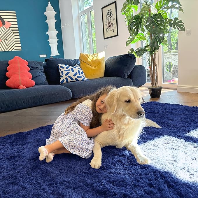 OLANLY 9x12 Machine Washable Large Area Rugs for Living Room, Bedroom, Soft Fluffy Shaggy Bedside Rug, Indoor Floor Carpet for Kids Girls and Boys, Dorms, Nursery, Home Decor Aesthetic, Navy Blue