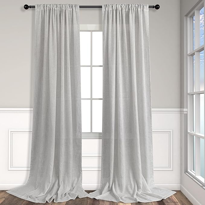 Pitalk Light Grey Linen Curtains 102 Inches Long for Living Room 2 Panels Set Back Tab Pocket Large Window Drape Semi Sheer Dove Silver Gray Curtain 102 Length for Patio Sliding Door Bedroom Farmhouse
