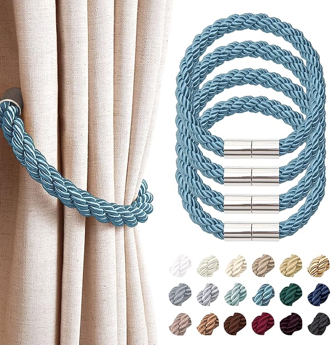 NICEEC 4 Pack Strong Magnetic Curtain Tiebacks Modern Simple Style Drape Tie Backs Convenient Decorative Weave Rope Curtain Holdbacks for Thin or Thick Home & Office Window Draperies (Teal)