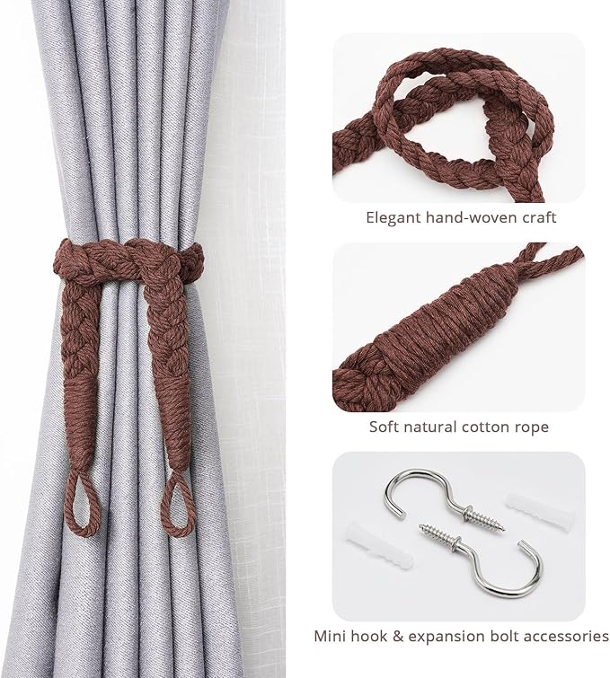 NICEEC 4 Pack Natural Cotton Rope Curtain Tiebacks Elegant Boho Style Decorative Drape Tie Backs Soft Hand-Woven Rope Curtain Holdbacks with Metal Hook for Home & Office Drapery (Coffee)