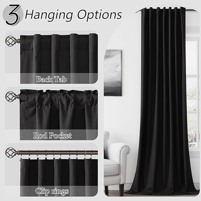 Guken Black 100% Blackout Curtains 120 Inch Length 2 Panels Set for Living Room Bedroom Back Tab Thermal Insulated Black Out Linen Drapes Room Darkening Window Curtains,52x120
