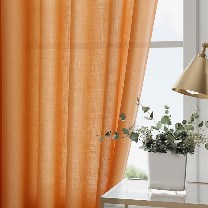 Nanspring Orange Linen Blend Drapes 84 Inch Length 2 Panels Set Back Tab Rod Pocket Light Filtering Privacy Semi Sheer Textured Curtains Neutral Farmhouse Decor Curtains for Living Room Bedroom 52x84