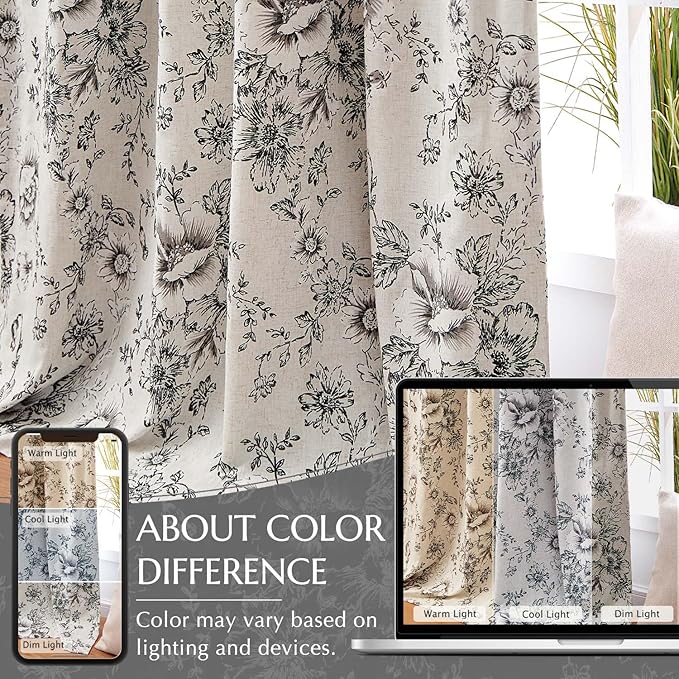 jinchan Blackout Floral Curtains for Living Room Bedroom Linen Blend Curtain Farmhouse Black Printed with Lined Back Tab Rod Pocket Drapes Window Treatments 2 Panels 96 Inch