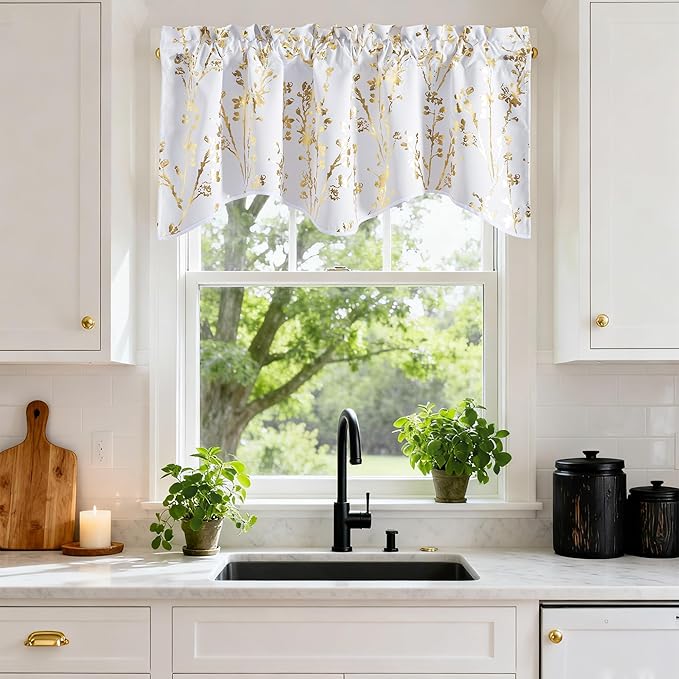 NICETOWN White Blackout Floral Kitchen Valances for Windows, Gold Foil Flower Shadow Printed Scalloped Drapes 18 Inch Length with Rod Pocket for Bathroom, W42×L18, 1 Panel