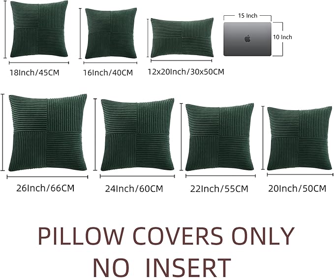 Fancy Homi Set of 2 Dark Green Decorative Throw Pillow Covers 22x22 Inch for Living Room Couch Bed, Boho Farmhouse Forest Green Home Decor, Soft Corss Corduroy Patchwork Textured Cushion Case