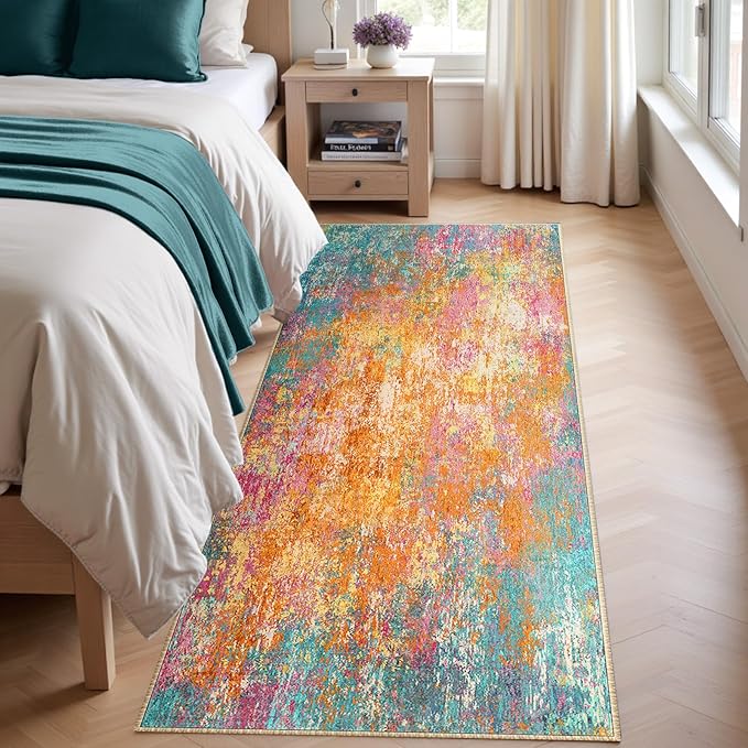 Washable Area Rugs 2'x10' Non-Slip Modern Abstract Soft for Living Room Entryway Bedroom Nursery, Print Pattern, Orange Blue Pink Yellow Colorful