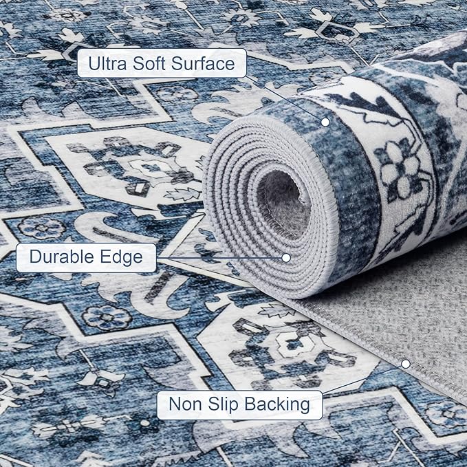 8x10 Area Rugs for Living Room: Washable Rug Soft Vintage Boho Medallion Carpet Indoor Floor Non-Slip Stain Resistant Large Carpets for Bedroom Dining Room Farmhouse Nursery Home Office Blue