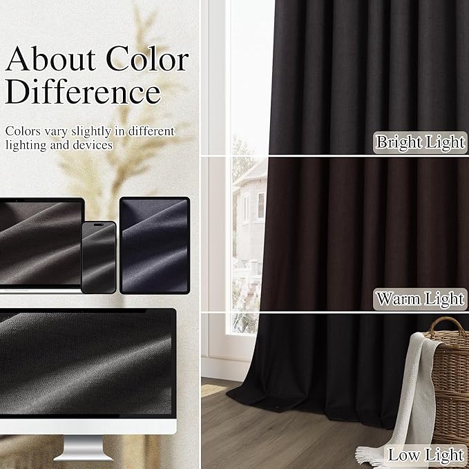 Guken Black 100% Blackout Linen Curtains 102 Inch Length 2 Panels Set for Living Room Bedroom Back Tab Thermal Insulated Black Out Drapes Room Darkening Window Curtains,52x108