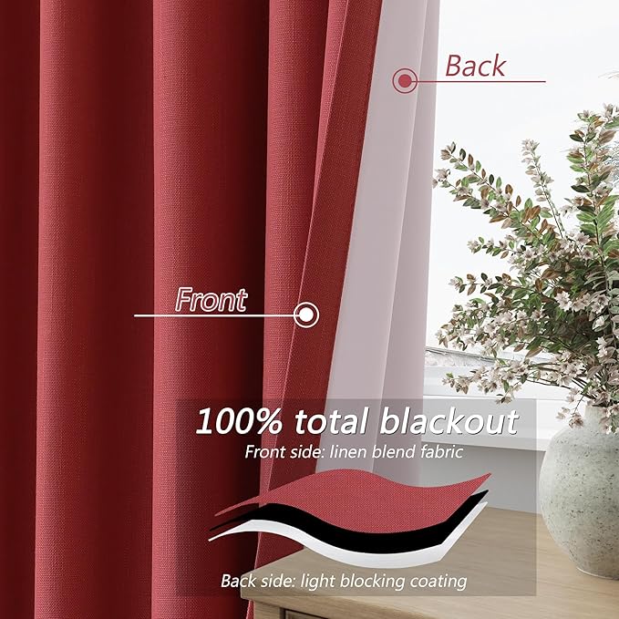 Guken Red 100% Blackout Linen Curtains 90 Inch Length 2 Panels Set for Living Room Bedroom Back Tab Thermal Insulated Black Out Drapes Room Darkening Farmhouse Window Curtains 90 Inches Long