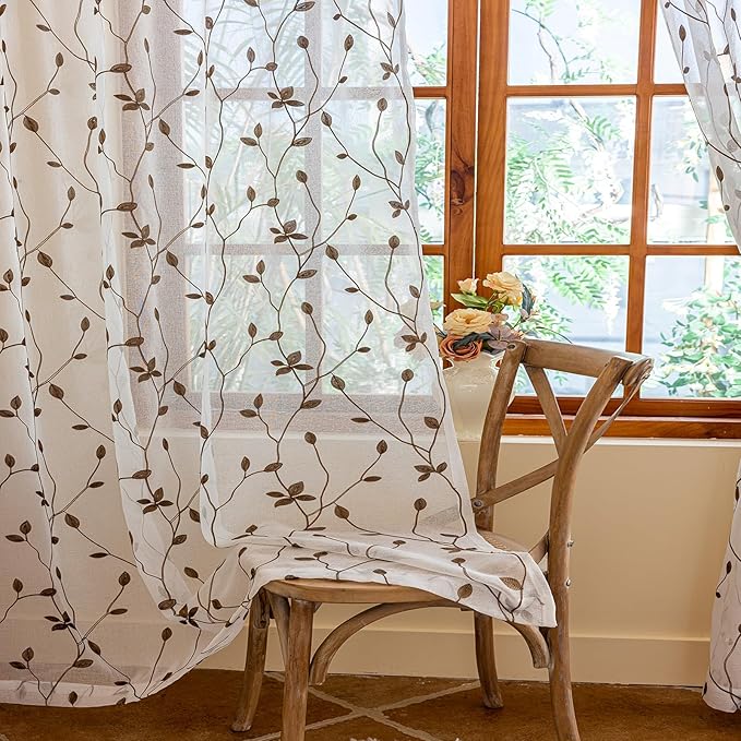 AmHoo 2 Panels Embroidered Leaf Pattern Semi Sheer Curtains Foliage Floral Voile Window Draperies Treatment for Bedroom Living Room Rod Pocket White Brown 53 x 63 Inch